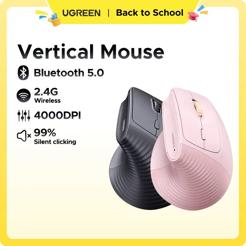 UGREEN Vertical Mouse Bluetooth 5.0 & 2.4G Wireless Ergonomic Mouse with 5 Buttons, 4000 DPI, Balck & Pink Ergonomic Mouse Compatible with PC/Laptop，Only 2.4G Model(Bluetooth not supported),Summer Sale tiktokshopbacktoschool