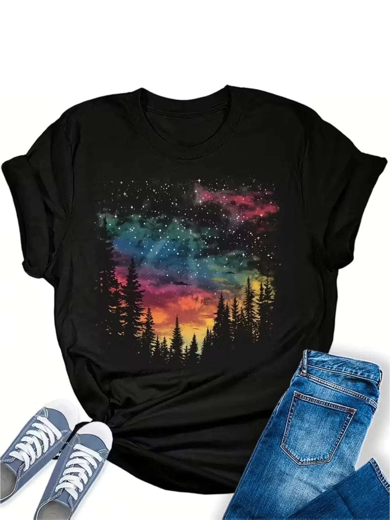 Women'S  Casual Aurora Borealis & Northern Lights Print T-Shirt - Loose Fit Crew Neck Short Sleeve Top with Multicolor Northern Lights Design, All-Season for Vacation, Outdoor & Daily Wear| Breathable & Wrinkle-Resistant