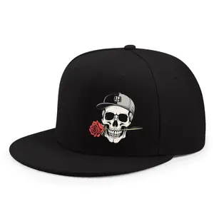 Adjustable Hip Hop Skull and Floral Graphic Hat, Vintage Flat Brim Polyester Cap, Machine Washable - Ideal for Outdoor Street Sports
