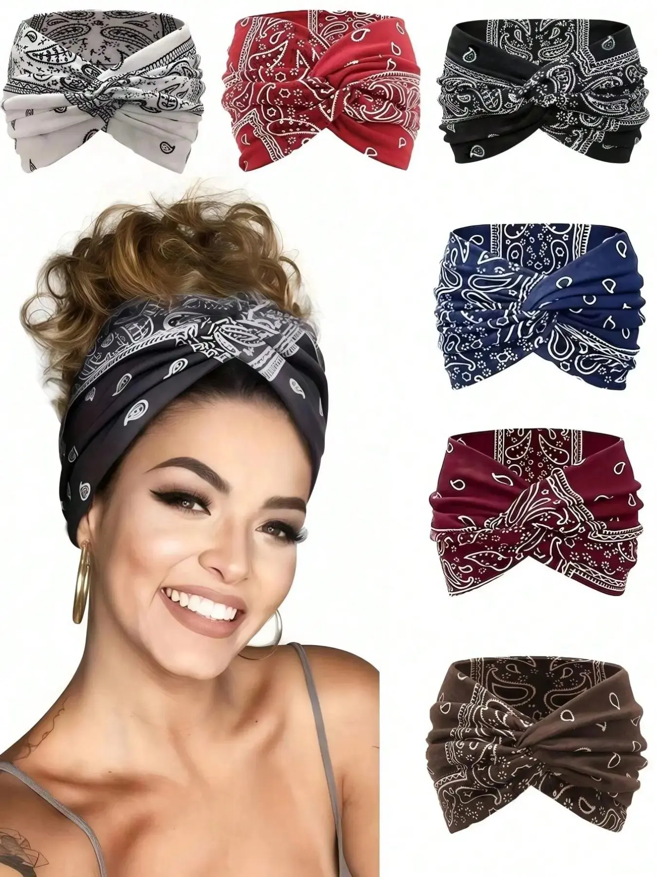 6pcs Plus Size Paisley Pattern Bohemian Women Sports Headband, Elastic Criss-Cross Printed Hairband For Outdoor Activities Women Head Wrap Fashion Hair Accessories Women Hair Band Summer Vacay Boho Accessories Plus Size Headbands