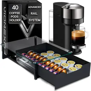 Coffee Pod Holder with Rail Drawer for  - 40 Pods Capacity for  Vertuoline & K-cups Capsule - Tempered Glass and Anti-Slip Base Metal Coffee Pods Organizer 16.14x11.81x3.94