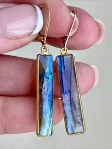 New Rectangular Synthetic Moonstone Long Drop Hook Earrings, Artificial Blue Moon Stone Elongated Bar Earrings in Golden Color, Blue Thin Bar Pendant Earrings, Summer Bohemian Jewelry for Her The Perfect Gift For Ladies and Girls