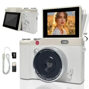 Portable Digital Camera 2.4 Inch 16X Digital Zoom Pocket CCD Retro Video Recorder 180° Flip Screen Compact Affordable Photoshoot Camera with 64GB Memory Card Filter Functions White Camera for Photography Beginners, Birthday Halloween Christmas Gift