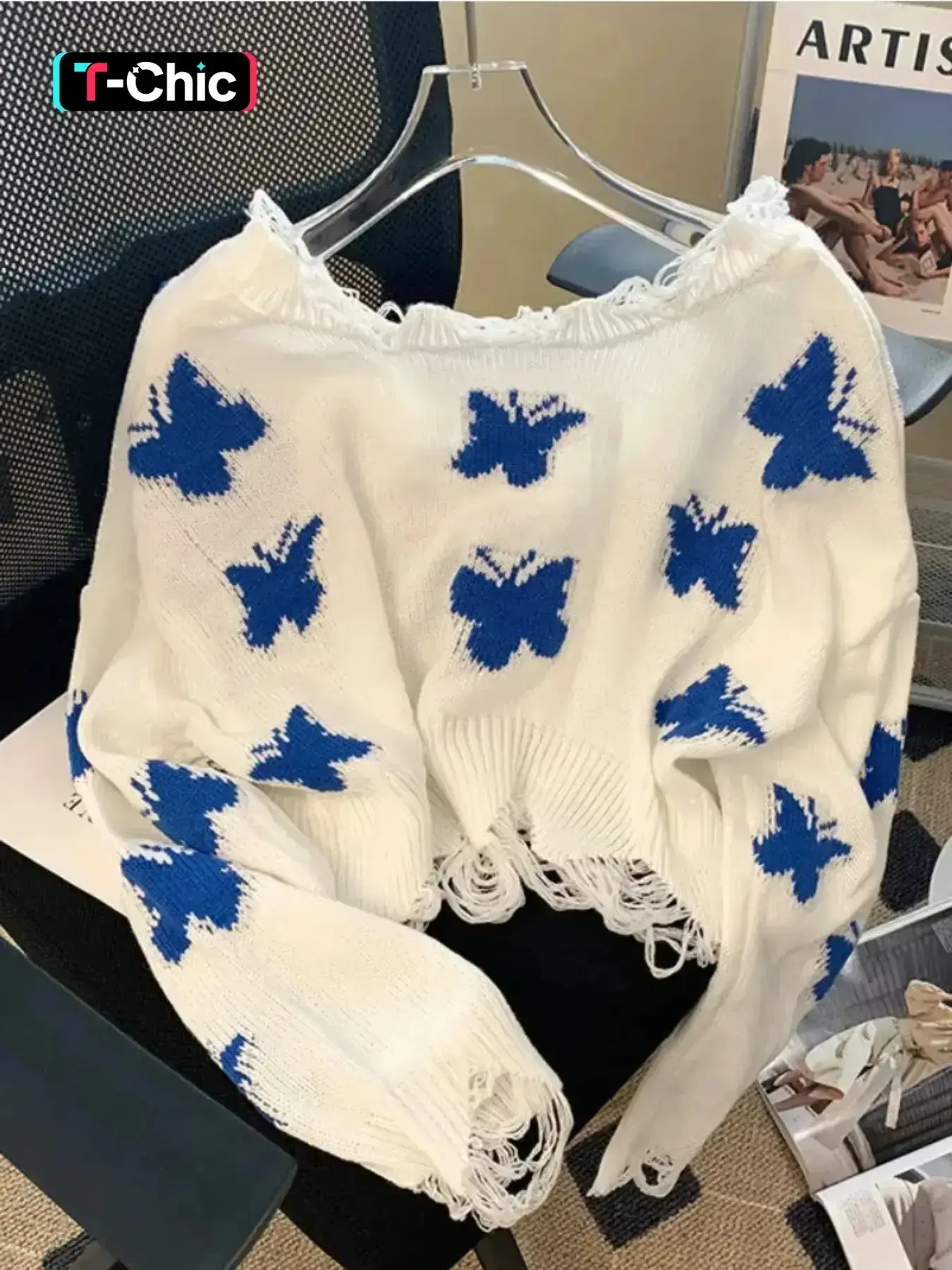 Women's Y2K Butterfly Print Ripped Drop Shoulder Long Sleeve Knitted Sweater, Knit Sweater Pullover, Elegant Fashion Casual Crew Neck Loose Jumper Fit for Daily Holiday Wear, Women Knitwear for Spring & Fall, Tops, Knitting, Womenswear