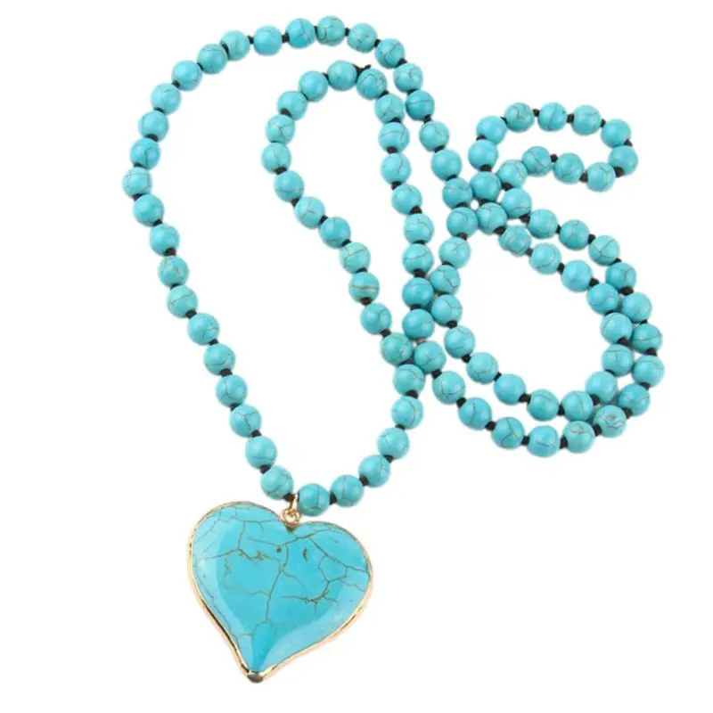 Women's Boho Vintage Turquoise Heart Beaded Pendant Necklace - 86-88cm Layered Chain, Allergy-Safe Blue Gemstone Artistic Coastal Boho Statement Costume Jewelry, Festival Beach Vacation Gifts, Boho Necklaces, Blue Gemstone Necklaces