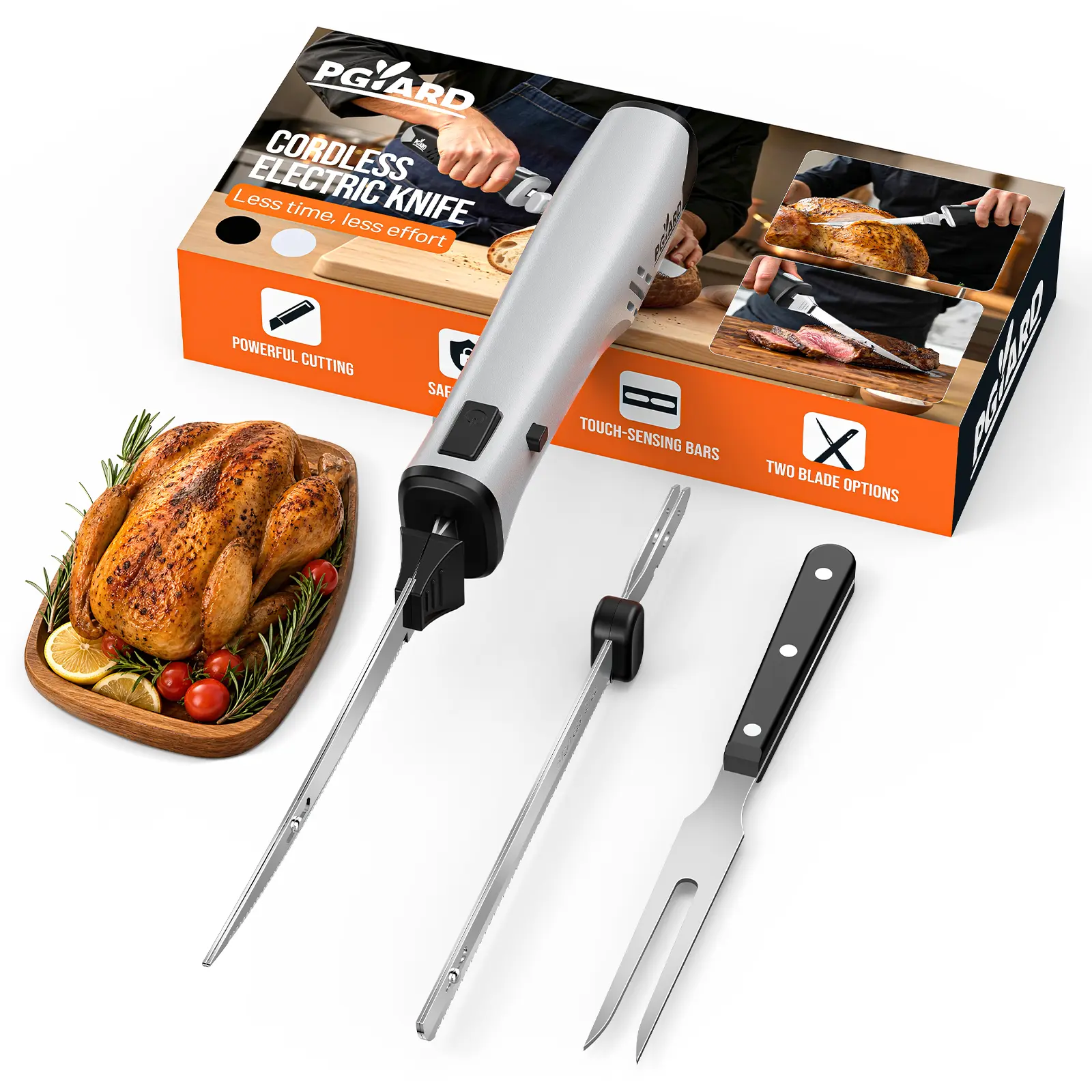 PGYARD Cordless Electric Knife for Meat & Bread Slicing, 420J2 Stainless Blades | 2000mAhx2 Battery, 15000RPM High-Motor, Dual Safety Lock, 30Min load-Runtime, Type-C Charging, 2 Blades for Turkey homeessentials