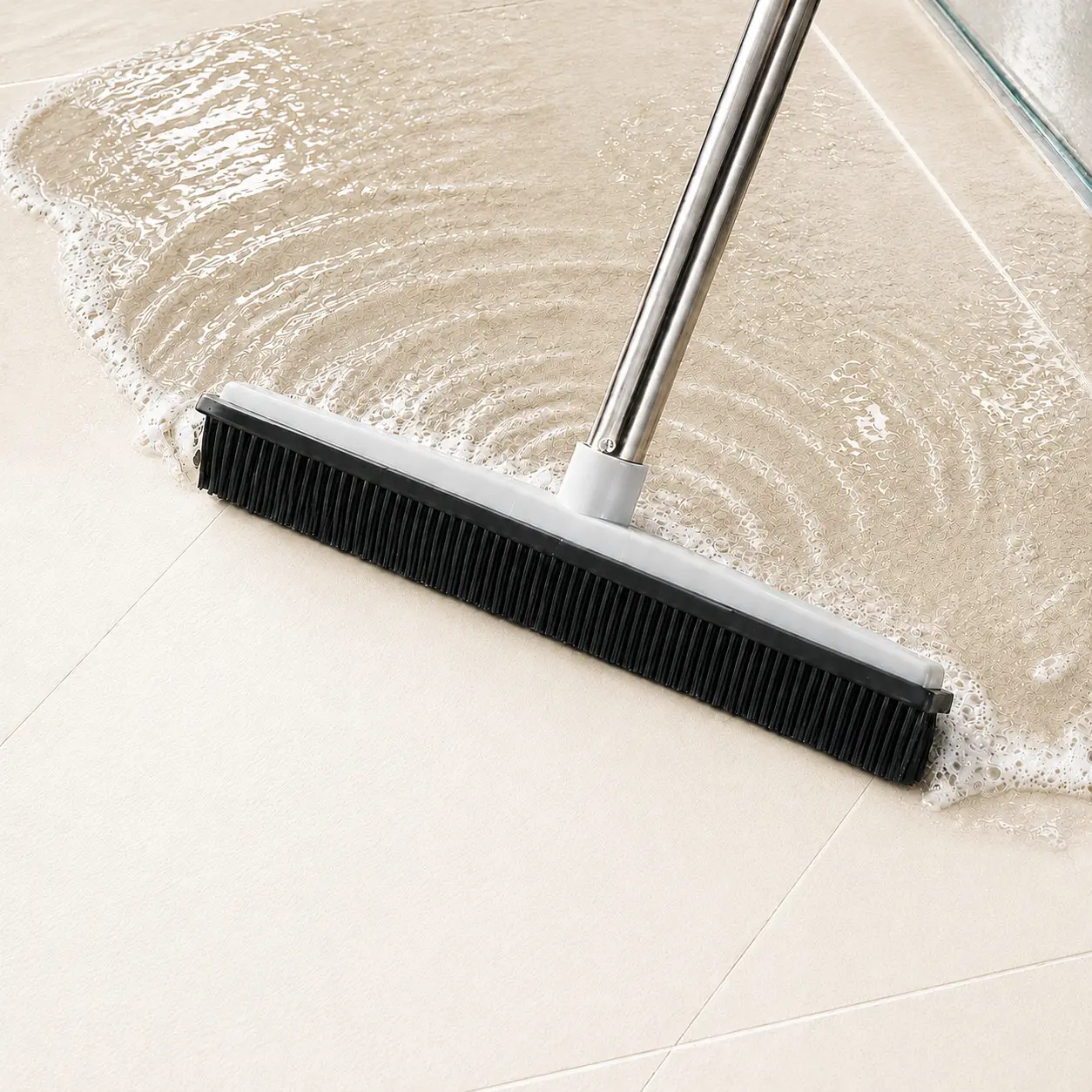 2-in-1 Rubber&Steel Household Pet Hair Broom & Squeegee - Adjustable Cleaning Floor Tool, Detachable 3-Piece Stainless Steel Handle Dog/Cat Hair Remover for Low-Pile Carpet, Tile, Kitchen Narrow Spaces