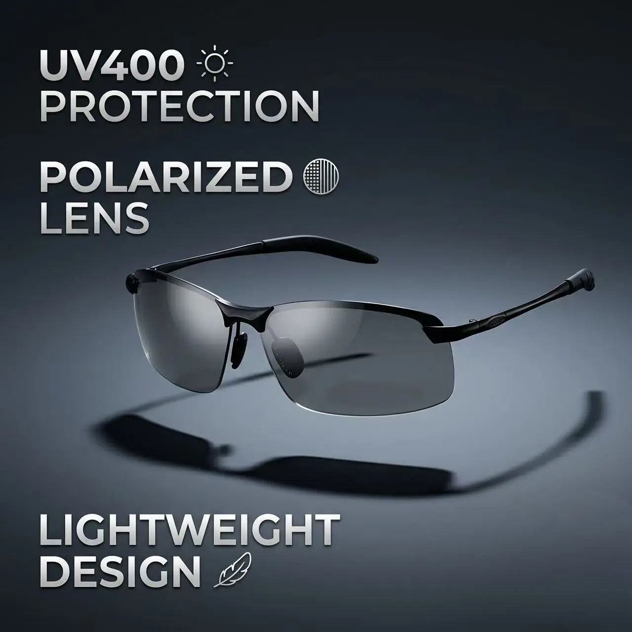 Paleshy Unisex Polarized Sunglasses, Retro Oversized Semi-Rimless Square Frame, Photochromic Anti-UV Lenses for Driving and Outdoor Sports, Anti-Uv Polarized Men's Sunglasses