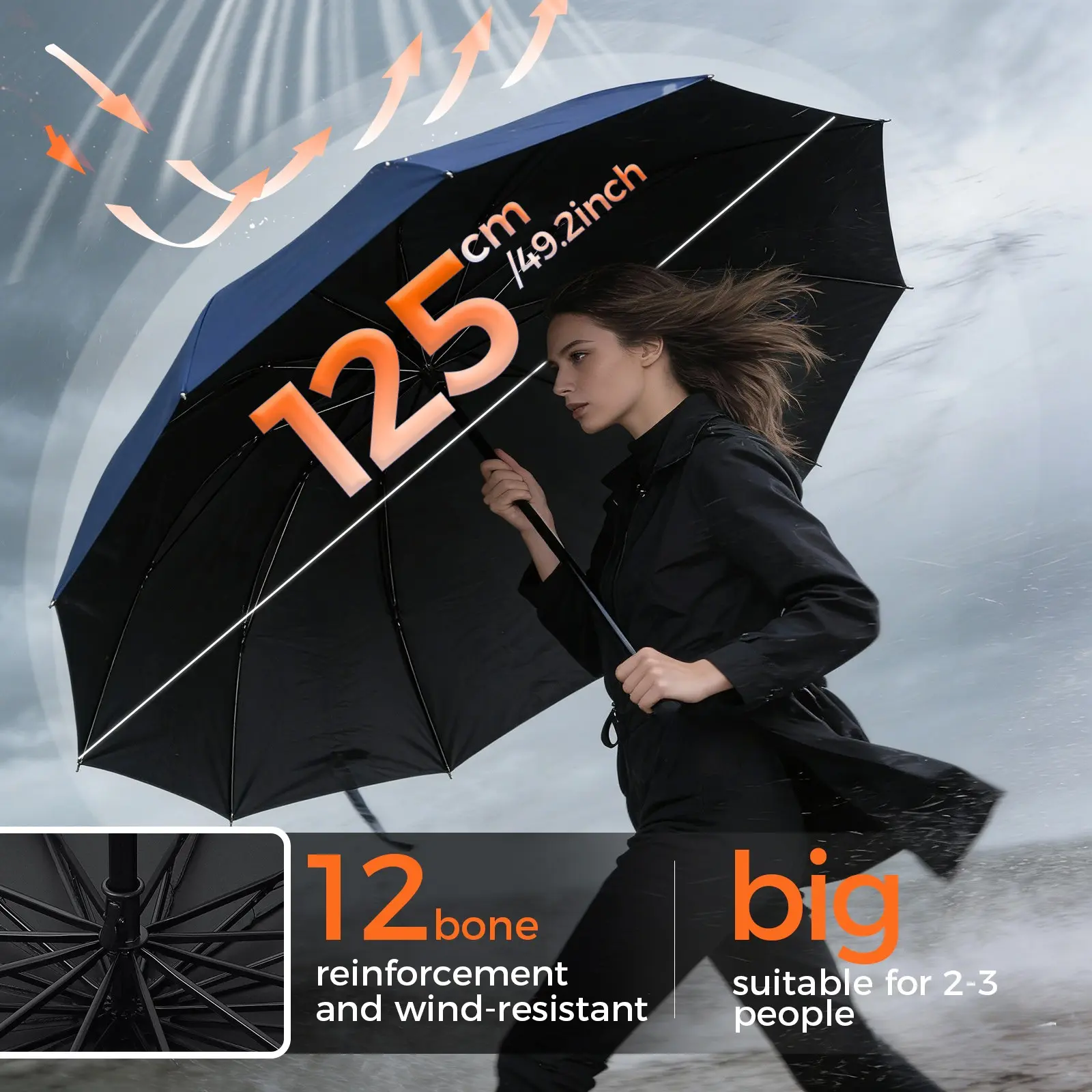 Large 12-Rib Windproof Folding Umbrella, Reinforced Steel Frame, 4 Colors Available, Manual Open-Close, Portable Foldable, Outdoor Umbrella, Suitable for 2-3 People, Wind Resistant Umbrella, Windproof Rainproof Umbrella, Outside Umbrella