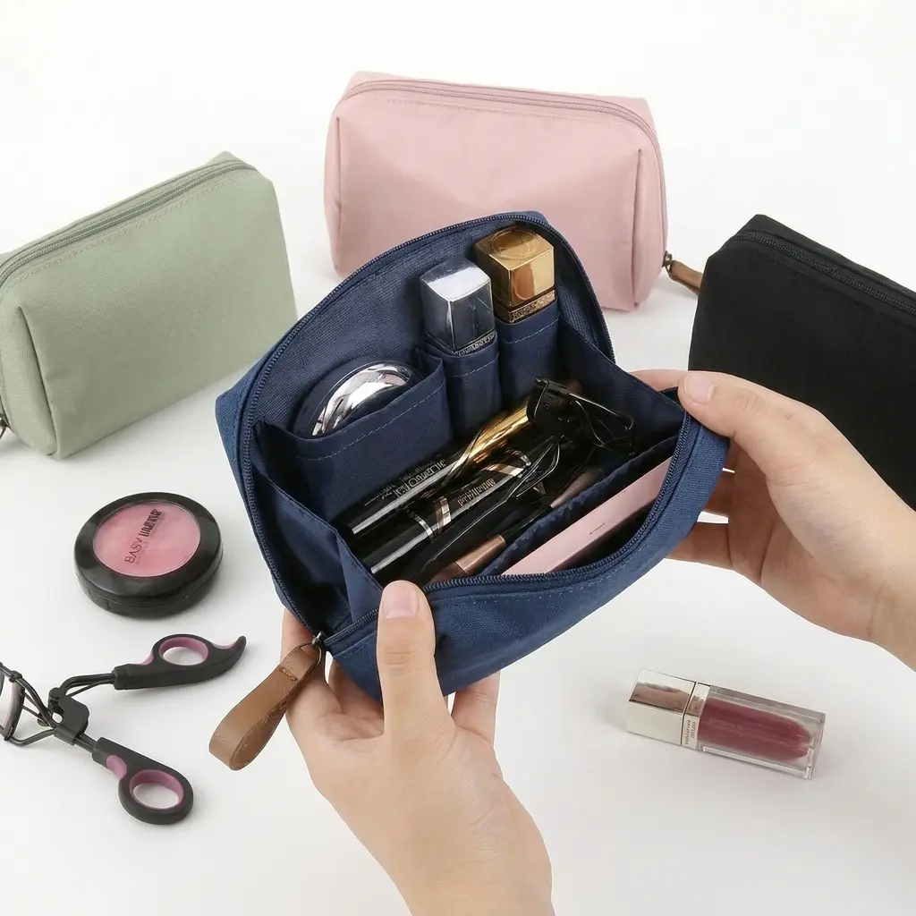 Mini Makeup Bag for Purse, Lipstick and Touch-Up Organizer with Elastic Interior Pockets, Compact Nylon Cosmetic Pouch