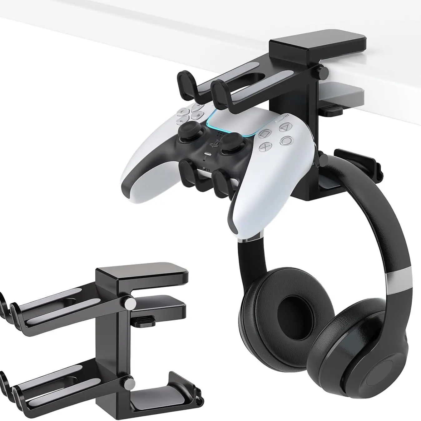 3-in-1 PC Gaming Headset&Controller Holder - Headphone Stand w/Adjustable Clamp, Adjustable Mount Bracket&2 Controller Holder&Rotating Arm&Cable Organizer, Universal PC Gaming Accessory Controller Headset Stand