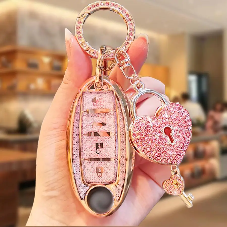 Car Key Case with Rhinestone Heart Lock Keychain, Car Key Fob Cover, Smart Remote Key Case for Nissan Altima Sentra Maxima Rogue Armada Pathfinder Inf