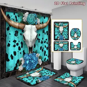 4PCS Western Skull Shower Curtain set, Turquoise and Black Cow Skull with Floral Bathroom Decor, Accessories with Bath Mat, U-shaped Mat, Toilet Lid Cover, 12 Hooks 180x180cm Curtain, Western Decor Lover, Home Decor, bathroom accessories