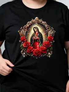 Women's Virgin Mary & Roses Print T-Shirt - Catholic Religious Short Sleeve Round Neck Blouse, Spring Summer Casual Top for Church Events, Gift for Sisters, Wives & Catholic Women (Non, T-Fit)