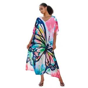 Women Ethnic Print Kaftan Dress Plus Size Swimsuit Cover Up,Mrs. Roper Kaftan, Swimsuit, bubu, mumu, Casual Womenswear Boho Caftan Baggy Fabric Viscose Summer