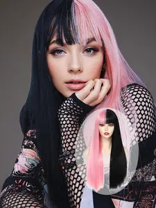 26 Inch Long Straight Synthetic Soft Hair Wig, Half Half Gradient, Natural Bangs, Heat Resistant Fiber, Cosplay & Daily Wear