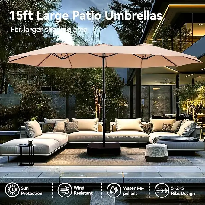 15ft Large Outdoor Patio Umbrella – Comes with Weighted Base and Sandbag, Crank Handle, Waterproof, Accommodates 10 People, Great for Poolside, Garden, Lawn, Backyard, Deck and Beach