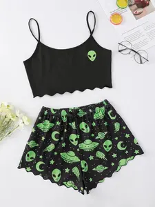 Halloween Theme Alien Pattern Home Casual Set, Holiday Pajamas for Women, Comfortable Halloween Celebration Sleepwear