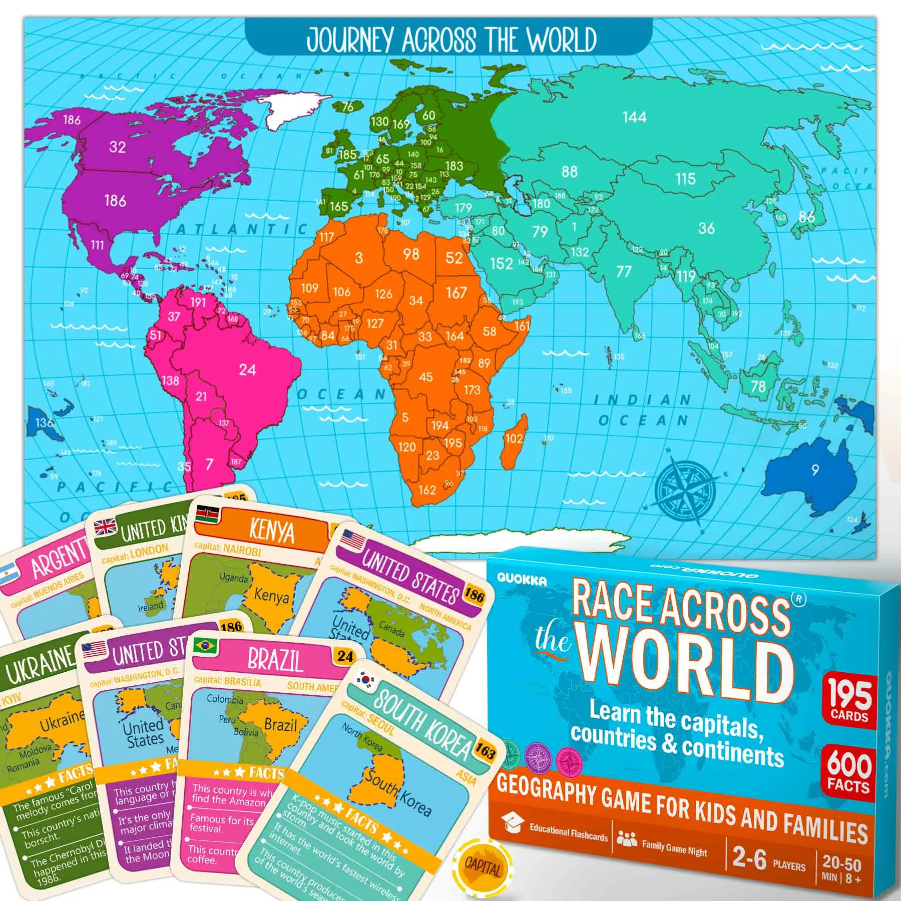 QUOKKA Interactive Modern Board Game - Educational Card Game (1 World Map Board, 195 Cards, 11.41x8.66 in) for Kids 8-12 & Families, Learning Fun with Capitals, Flags, Facts, Locations, Interactive Board Games
