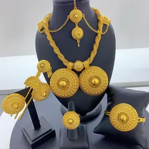 Ethiopian Bridal Jewelry Sets For Women 24K Gold Color Twisted Necklace Earrings Bracelet Ring Brazilian Wedding Jewellery