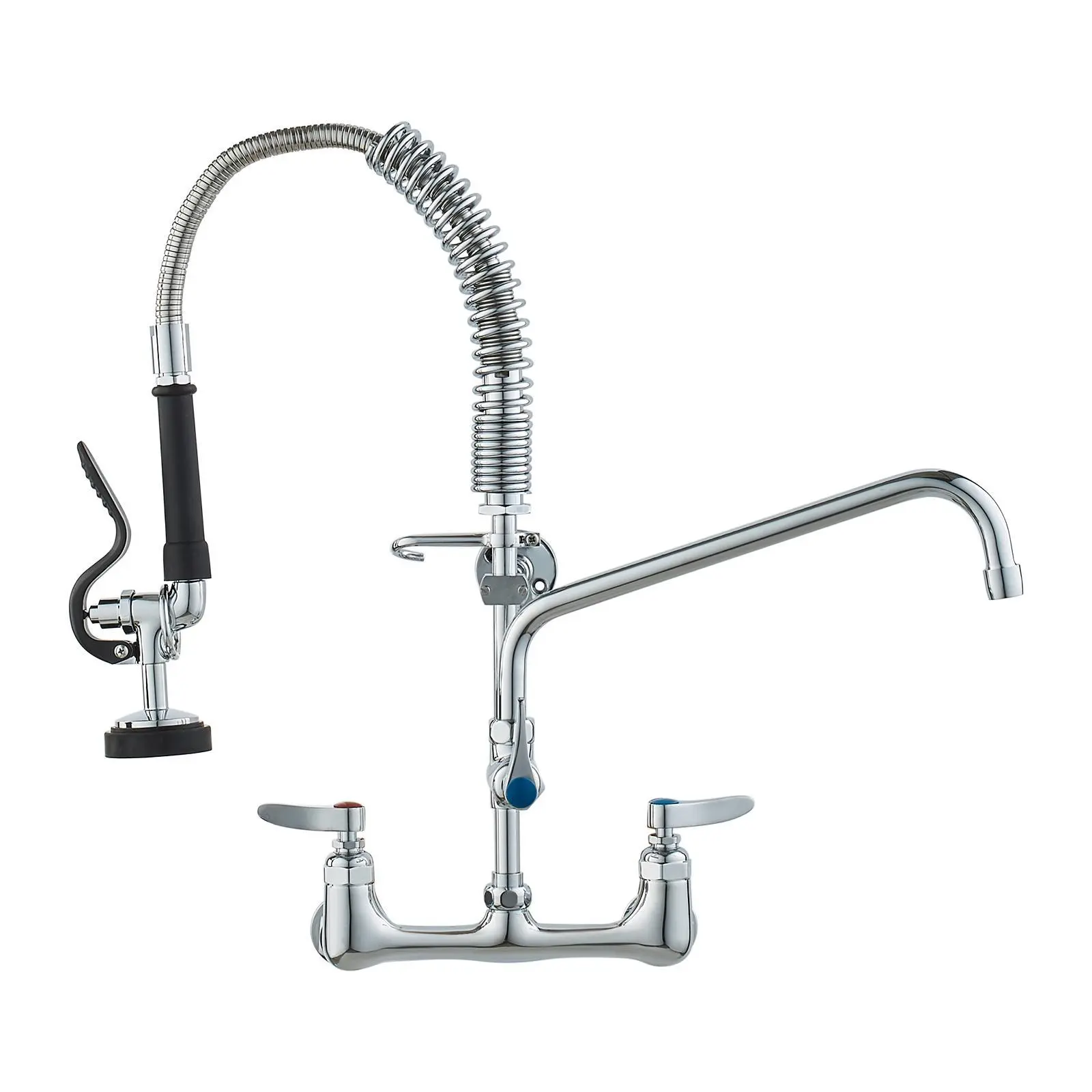 【Summerfinds】VEVOR Wall-Mounted Brass Kitchen Faucet, 21" Tall, 8" Installation Width, Includes 12" Rotating Spout and Pull-Down Sprayer, Suitable for Single, Double, or Triple Sinks
