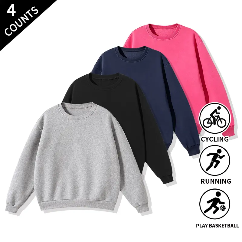4-Pack Solid Color Crew Neck Sweatshirts, Long Sleeve Pullover Tops — Ideal for Cycling, Running, Basketball, and Casual Everyday Wear