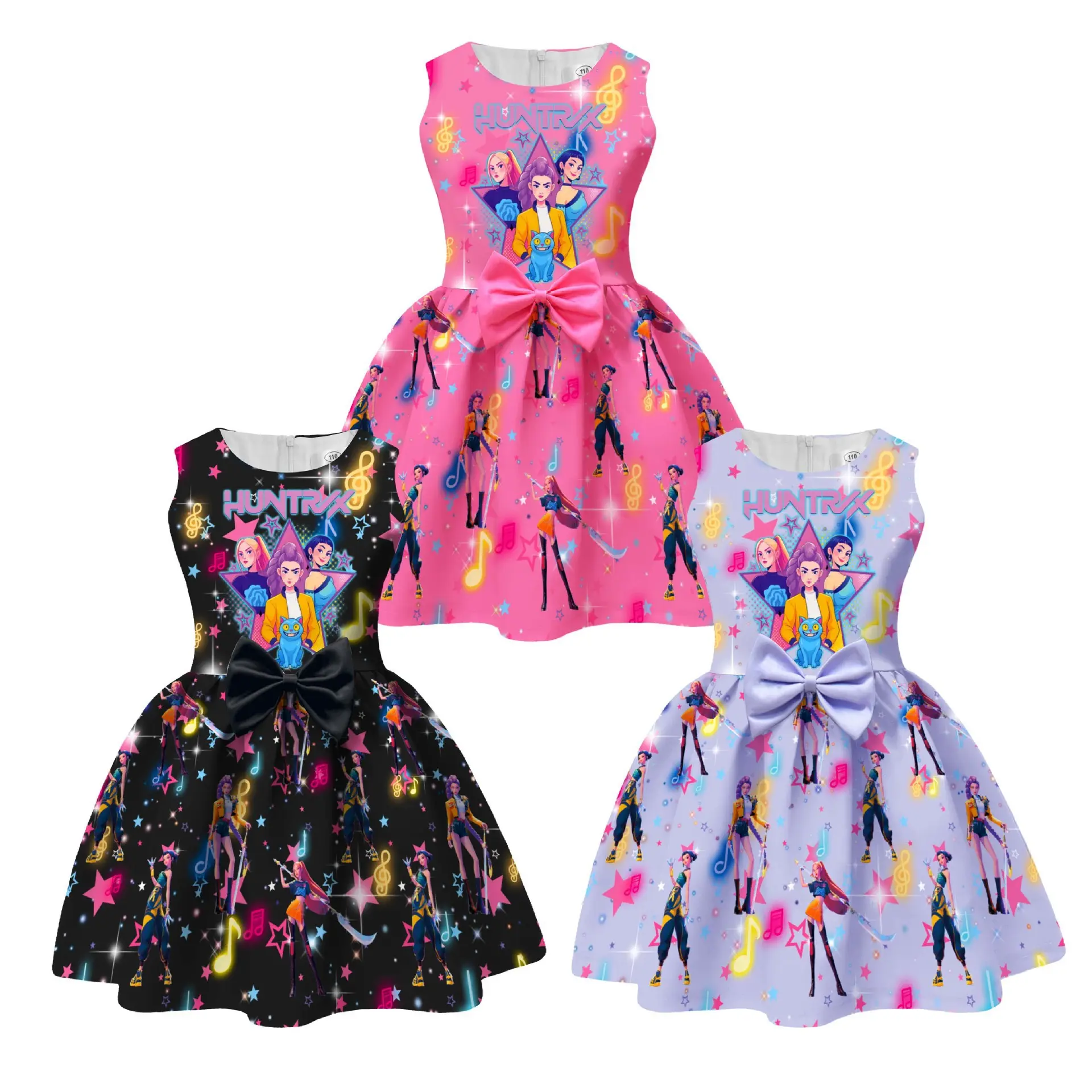 Girls' Sleeveless Bowknot Dresses - Princess Party Outfit, Casual Kids' Fashion Dress, Demon Slayer Print