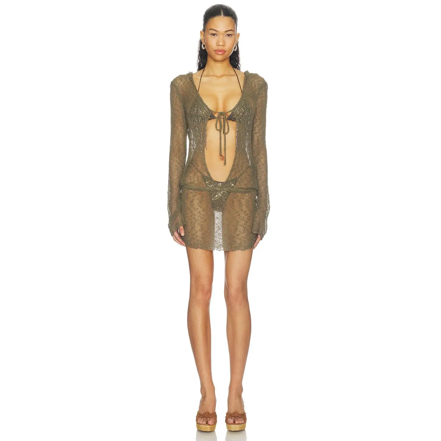 Jaded London Knit Hooded Cutout Mini Dress in Green