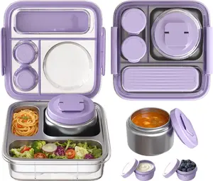 [Summervibes] Durable Portable Modern Stainless Steel Bento Lunch Box with 8oz Vacuum Seal Silicone-Insulated Food Jar, Leakproof Tableware Container, Transparent Lid, Sauce Cup, Cutlery Storage, BPA-Free, Dishwasher-Safe for Kids’ School & Travel tiktoks