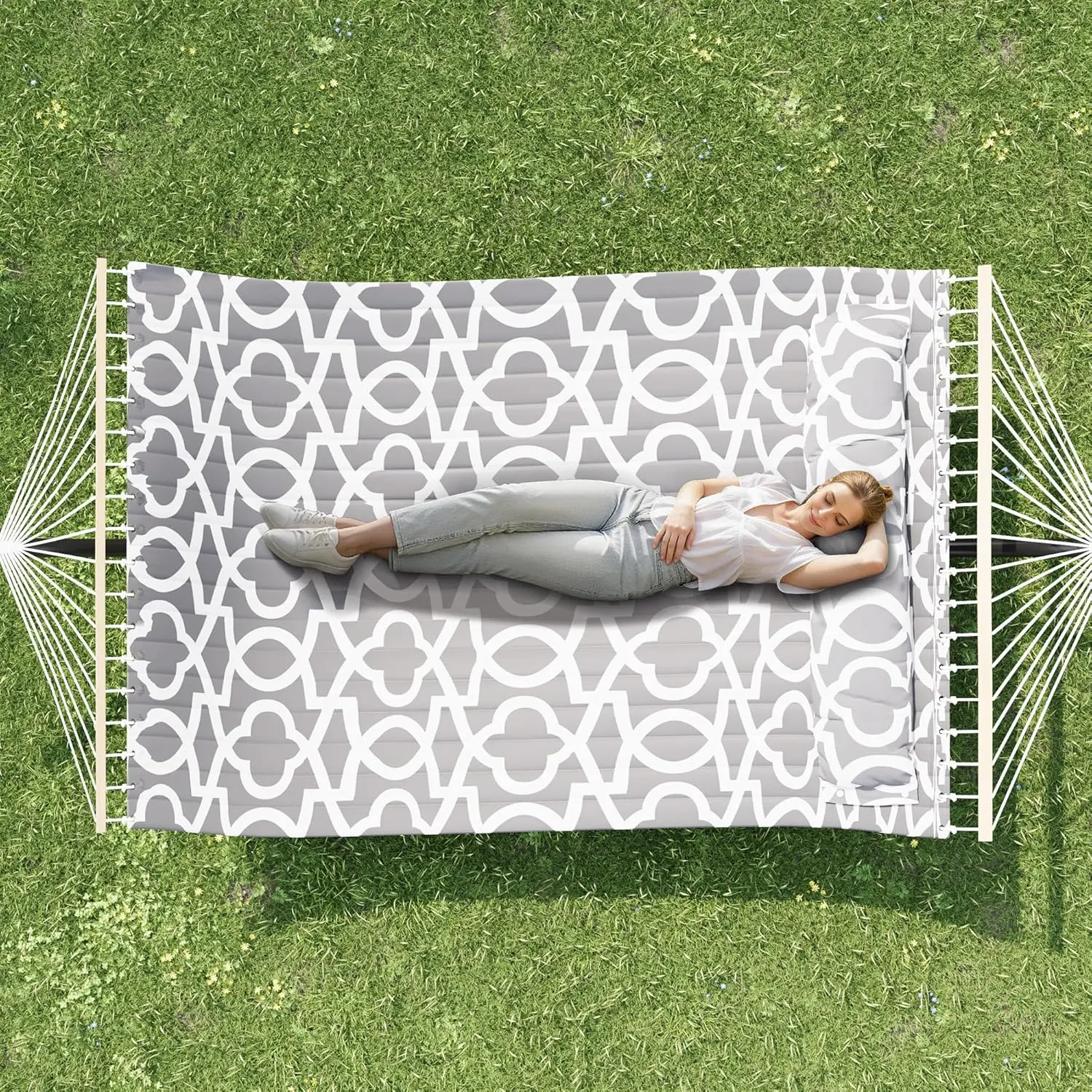 GAOMON Durable Curved Hammock for Couples - 57" Light Gray 2-Person Cotton Hammock with Sturdy Heavy-Duty Metal Stand, Large Width, Tool-Free Design, 450 LBS Capacity, Carry Bag, Ideal for Sunrooms, Indoor & Outdoor Use