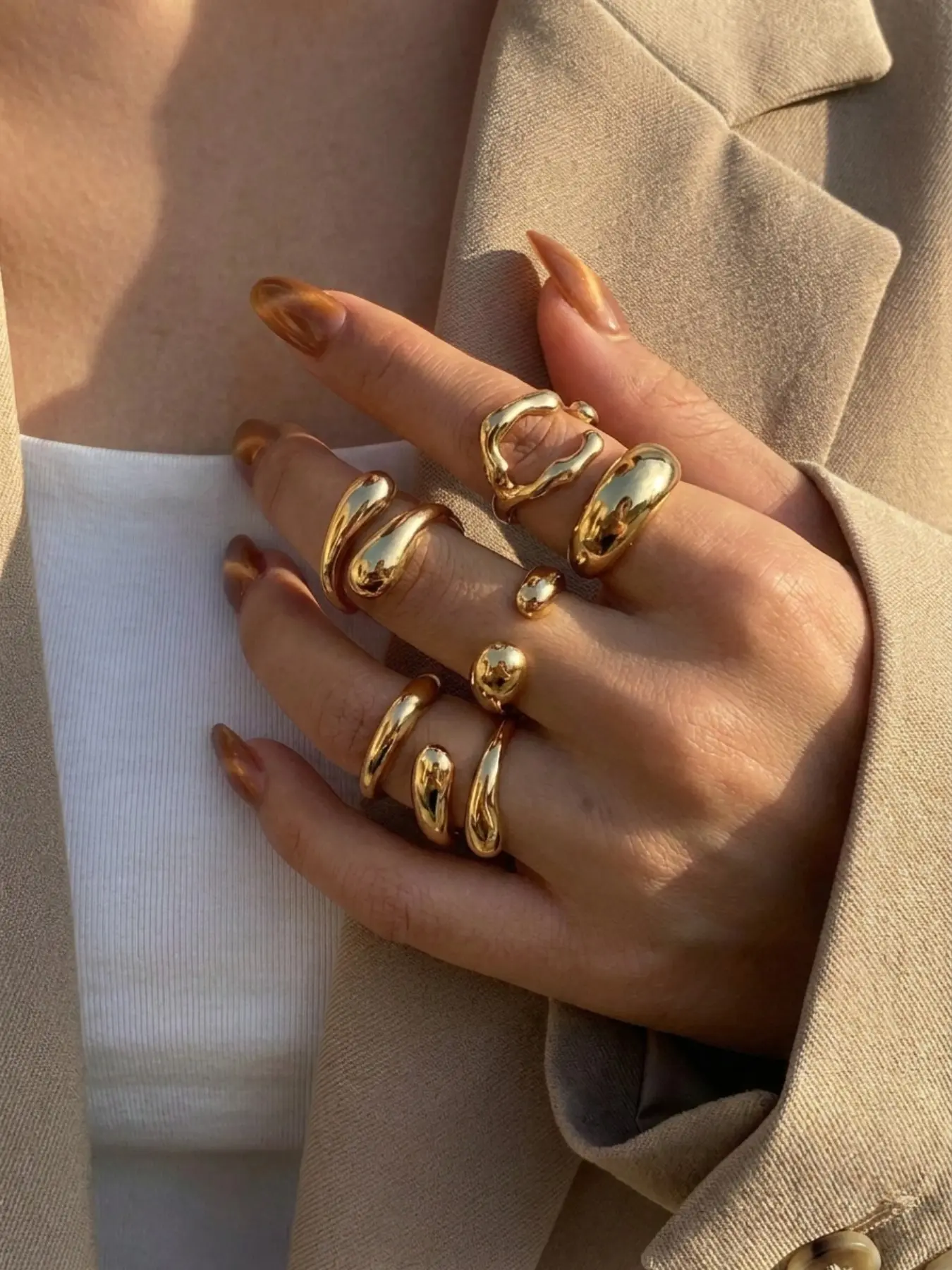 6 Piece Liquid Metal Texture Rings Set, Punk Style Alloy Chain Jewelry, Unisex Daily Wear Accessory, Unique Melted Lava Design, Fashion Rings