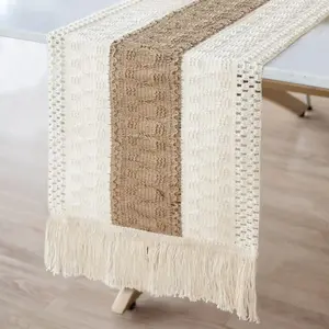 Natural Burlap Boho Table Runner 72" x 12" Macrame Table Runner Farmhouse Style Modern Farmhouse Decor Rustic Woven Cotton Fabric