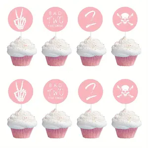 24pcs Bad Two The Bone Cupcake Toppers, Rock Themed 2nd anniversary Birthday Decorations, Bone Skull Second Birthday Party Decor, Rock n Roll Music Theme 90s Birthday Party Supplies Pink