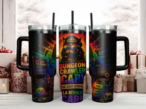 Dungeon Crawler Carl Pride Month 'Be Gay Do Crime Kill Monsters' 40oz Insulated Tumbler - Featuring Princess Donut & Rainbow Art - LitRPG Book Merch Stainless Steel Travel Mug with Handle & Straw
