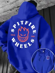 Men's Spitfire Pattern Hoodie, Long Sleeve, Skate Culture Print, Skate Style, Kangaroo Pocket, Drawstring Cap, Casual Streetwear, All Seasons Comfort, Sweatshirts