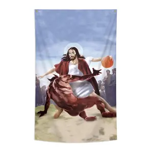1pc, Let's Play Basketball Flag Jesus, 2*3ft(60*90cm) /3x5ft (90*150cm), 4 Grommets, Single-Sided Printing, for Indoor, Outdoor, Home, Garden, Lawn, Room, Party Background Decoration, Decorations, Outdoor Banners