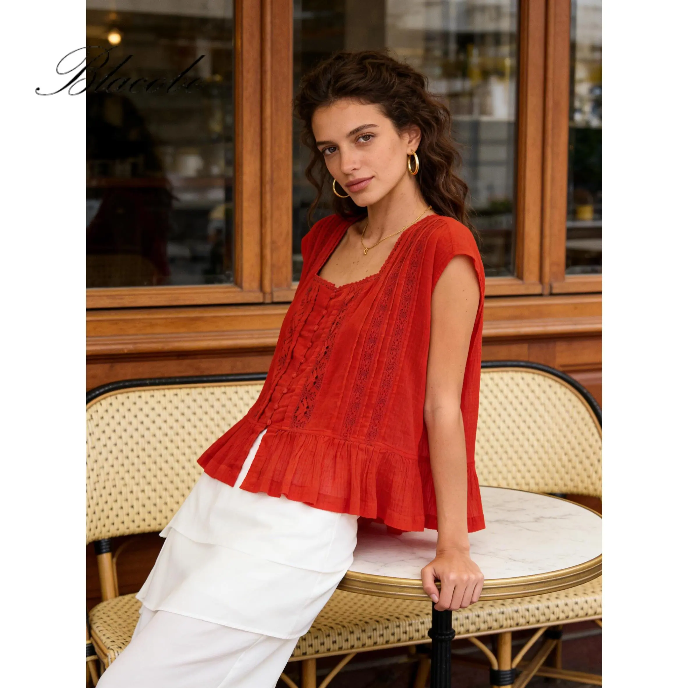 Women's Square Neck Blouse, Comfy Casual Short Sleeve Lace Trim Cotton Tops with Buttons, Loose Fit for Summer, Women's Clothes, Clothes For Women
