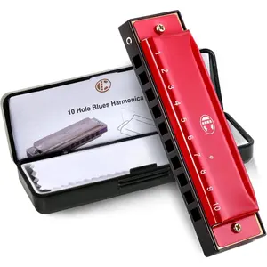 Blues Harmonica for  Adult Beginners 10 Hole Diatonic Harmonica Key of C, Metal Mouth Organ C Key Brass Reed Blues Harp with Case, Red