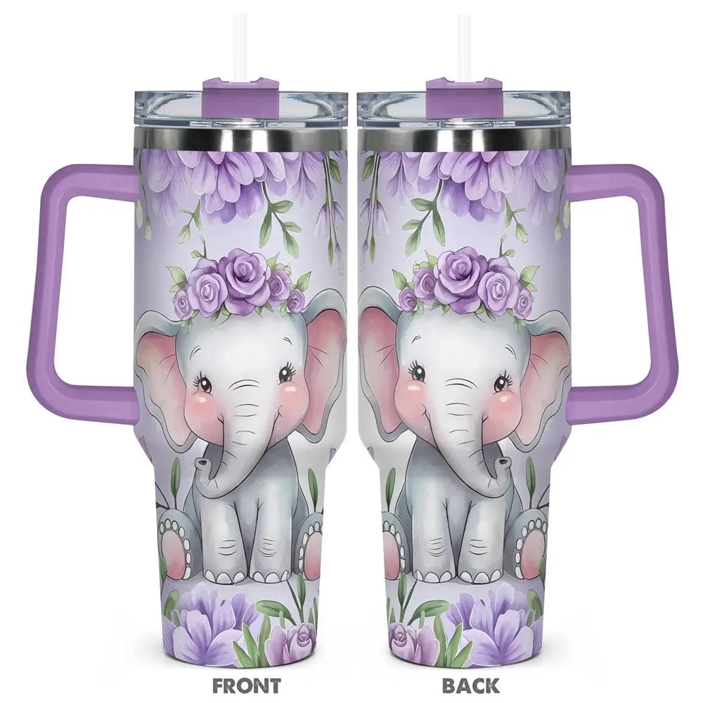 Cute Cartoon Elephant Pattern Tumbler, 40oz Insulated Tumbler with Lid, Reusable Tumbler, Insulated Travel Drinkware, Durable Stainless Steel Thermal Drinking Cup for Home Office School, Gift for Elephant Lover, Drinkware