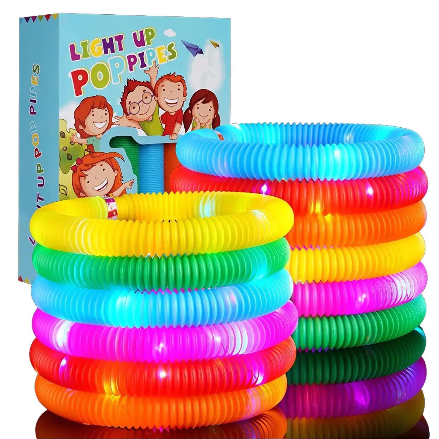 12-Pcs Light Up Pop Pipes Stress Relief Fidget Toy Kit, Glowing Stick Gifts with Batteries for Kids, Birthday Goody Bags Holiday Party Favors Interactive Classic Novelty Fidgeting Toy, Fun And Interactive Play