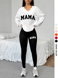 Women's Two-Piece Sweatshirt and Tight Pants Set, Fitted, Mama Letter Print, V-Neck Long Sleeve, Solid Color, Spring & Fall Fashion