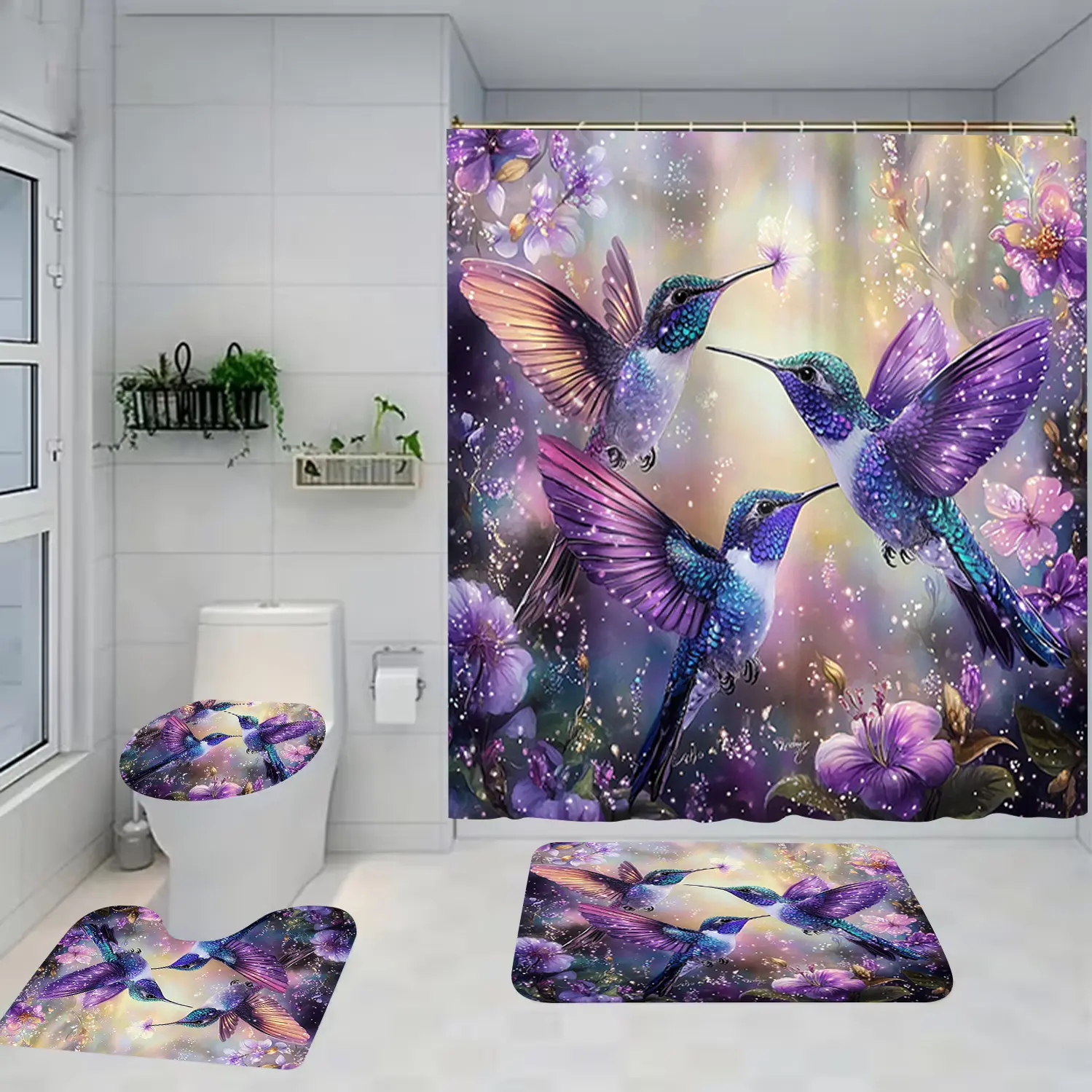 1/4 piece floral design bathroom set, including soft floor mat with rebound, water absorption, anti slip, toilet seat cushion, shower curtain, creating decoration, home decor, Bathroom Decoration Accessories, preferred for gift giving