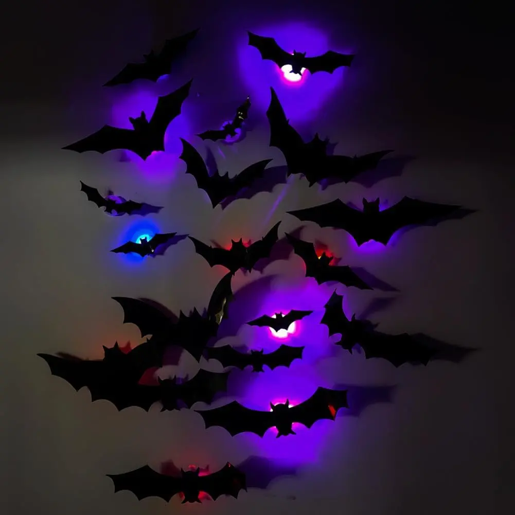 24PCS Luminous 3D Realistic Black Scary Bat PVC Decorative Stickers, Glow Wall Stickers for Halloween Party, Home Decor Ornaments, DIY Switch Accents