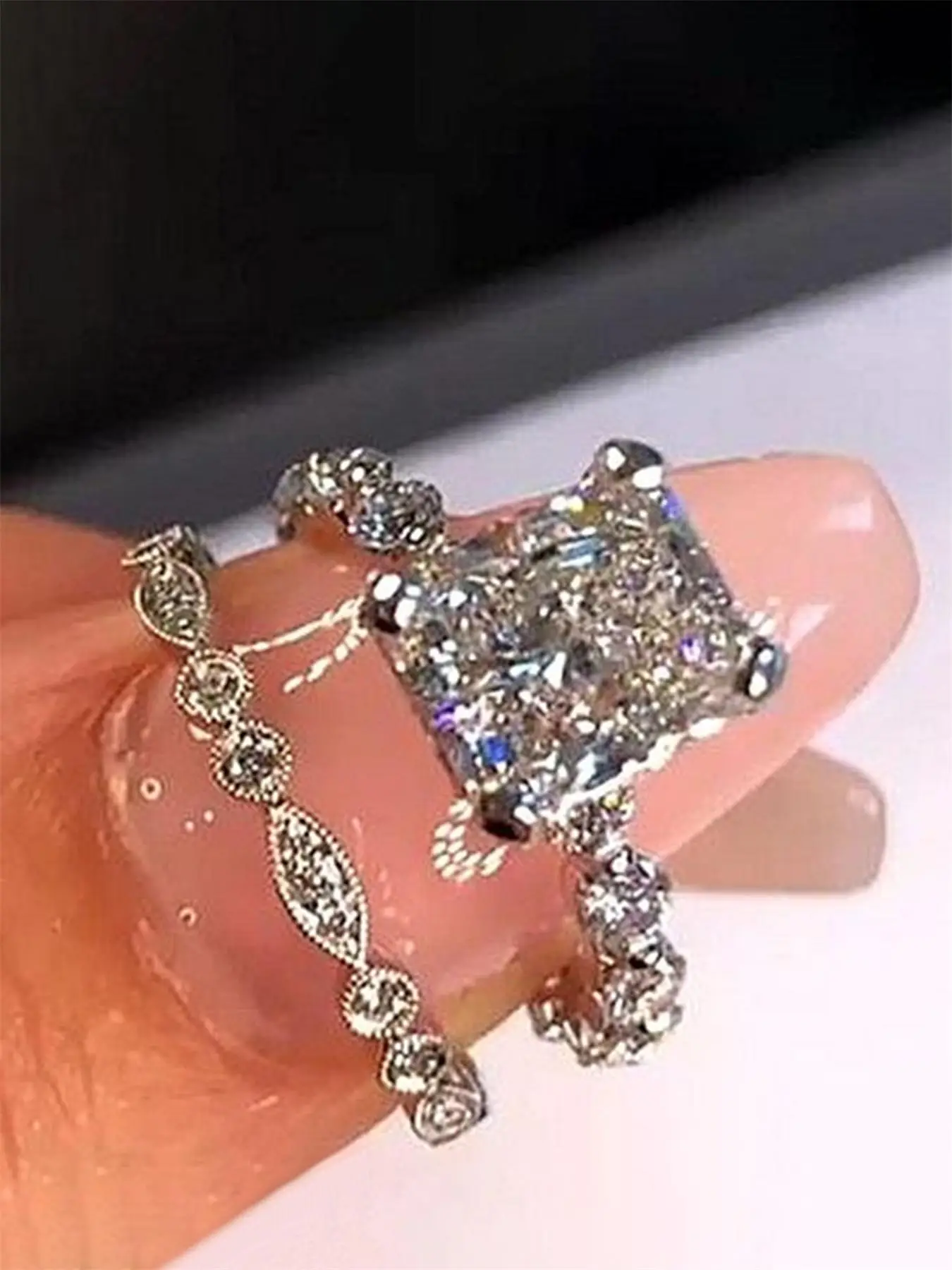 Women's Elegant Rhinestone Decorated Rings, 2pcs/set Fashion Gorgeous Rings for Wedding Party, Engagement Gift for Women, Princess Ring
