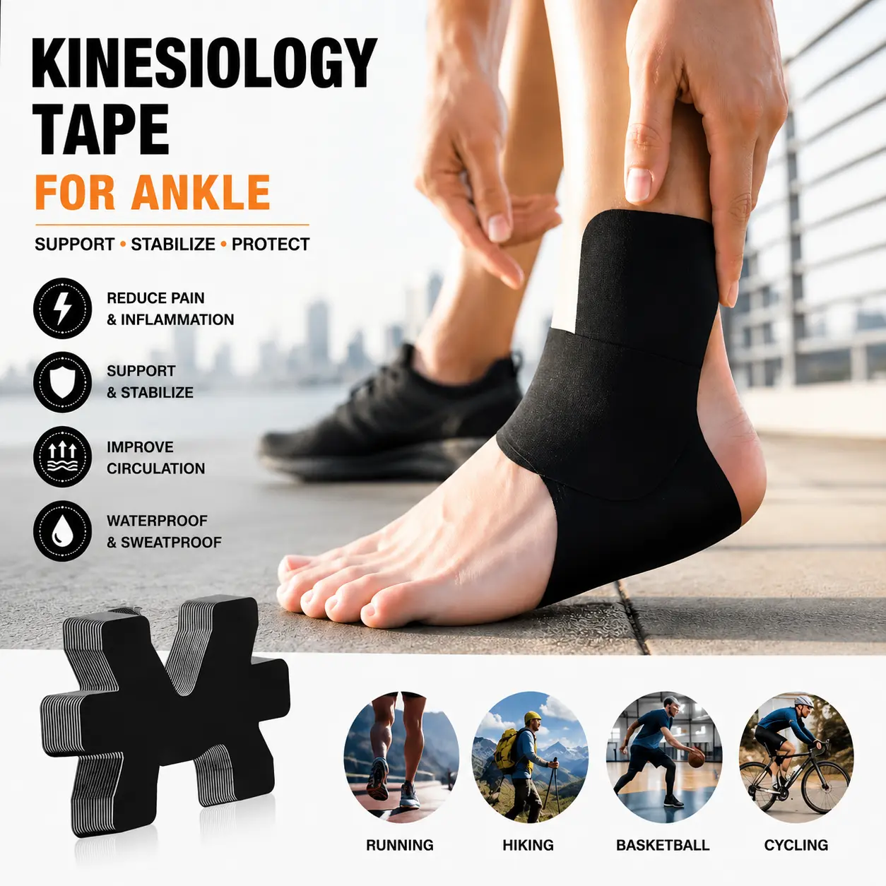 Precut Ankle Kinesiology Tape (10 PCS), Waterproof Cotton Athletic Tape with Wavy Adhesive for Pain Relief, Unisex Ankle Stabilizer for Sports, Running & Basketball, Adults, Recovery Sports Tapes