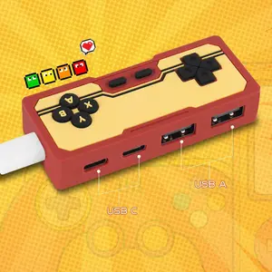 Retro Nes Controller Design USB Splitter, High Speed USB 4 Port USB-A + USB-C OTG Adapter, Expand Your Connectivity, Ideal for Gaming & Office Use