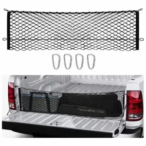Truck cargo box mesh with 4 self-locking metal carabiners, elastic mesh storage net, wear-resistant, 49x15.2 inches - car trunk storage.