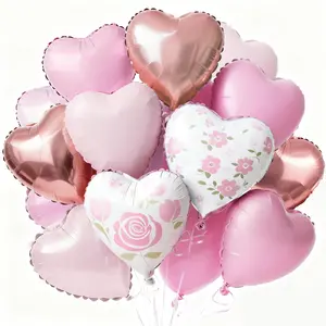 PartyWoo Valentine's Heart Balloons Pink and White Heart Foil 15pcs 18 Inch White Rose Gold Print Baby Pink Heart Shaped Balloons for Valentine's Day Wedding Engagement Proposal Decorations