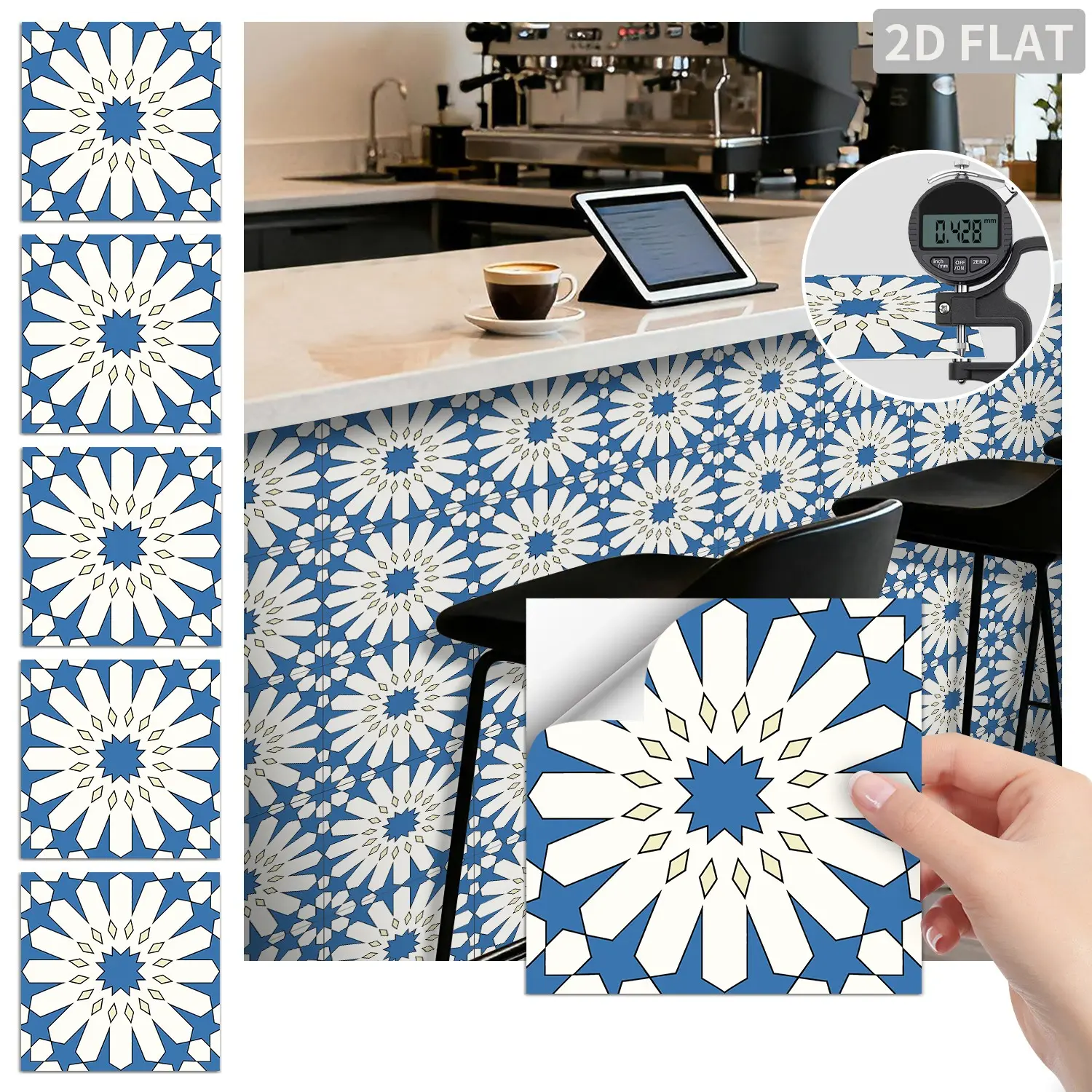 24PCS/Box FHZ Classic Art Tile Blue White Geometric Floral Peel and Stick Wall Sticker, PET Matte Finish Waterproof Oil-Proof Splash Proof Tile for Kitchen Backsplash Bathroom