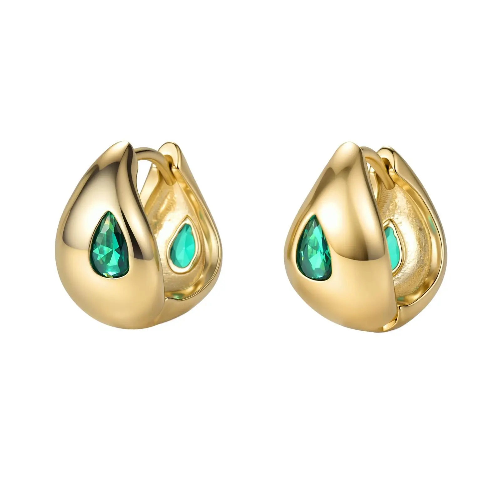 Aurem 14K Gold Plated Chunky Dome Huggie Earrings for Women, Bezel Set Pear Cut Nano Emerald Stone   Hoops, Teardrop Statement Jewelry